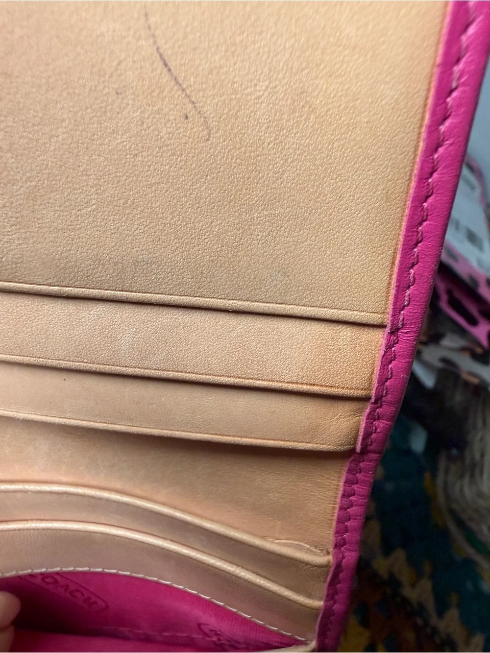 Vintage Coach Pink Signature Canvas Compact Wallet with Stripe Detail